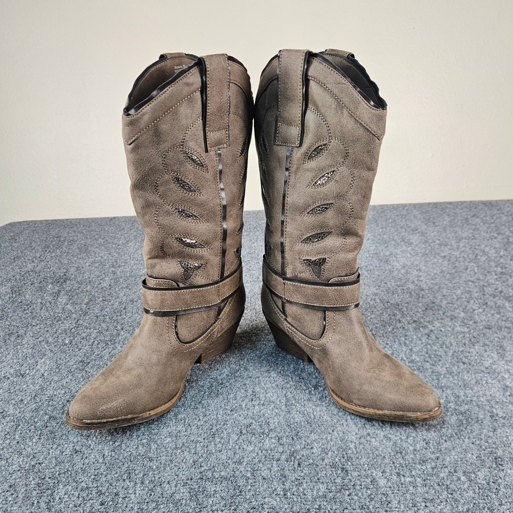 Academy BCG Womens Taupe Western Boots Cutout Harness Buckle Pointed Toe Size 7M